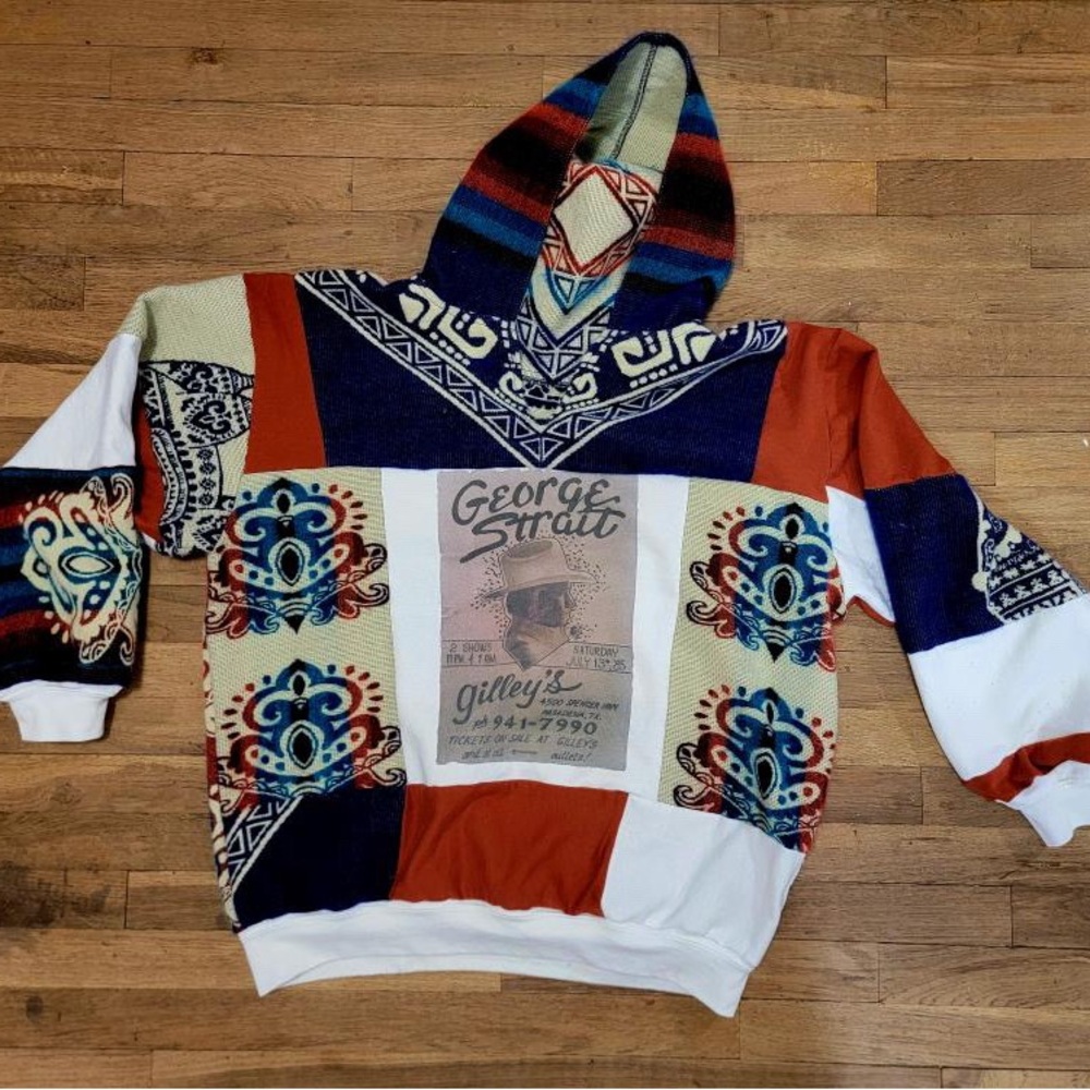 Upcycled Georg Strait hoodie with Peruvian wool. One of a kind. Custom made.